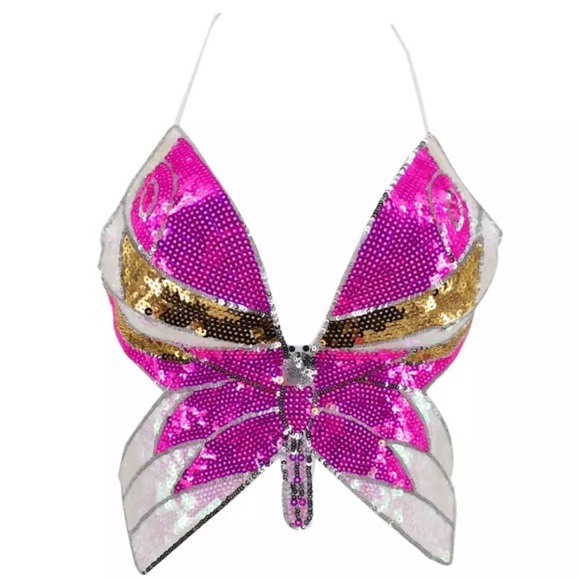 Butterfly Sequin Glitter Festival Rave Crop Top - Picture 3 of 4